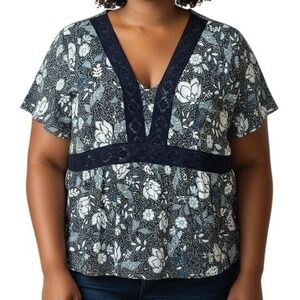 Lane Bryant Floral Print V-Neck Short Sleeve Blouse Top, Size 20